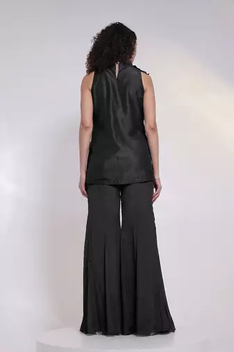 Black embroidered silk chinon co ord set