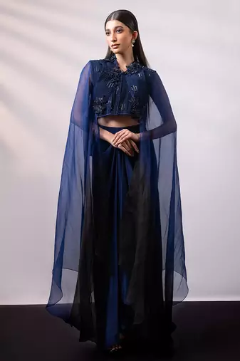 Navy blue embroidered chinon organza co ord set
