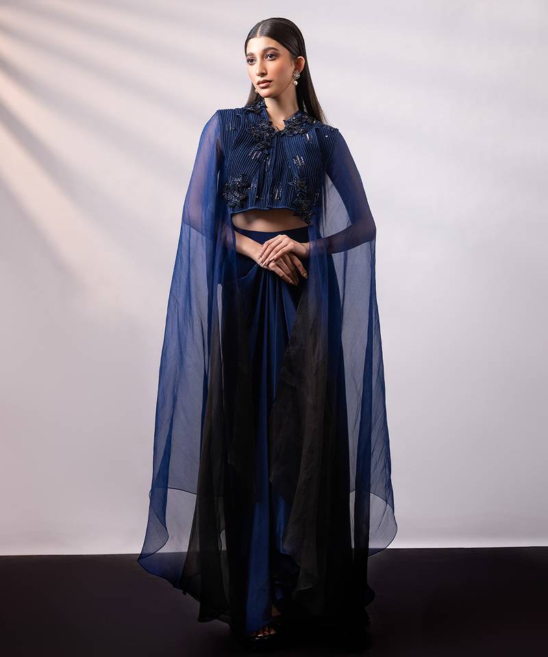Navy blue embroidered chinon organza co ord set