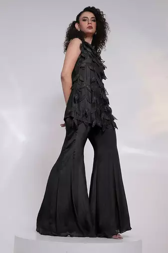 Black embroidered silk chinon co ord set