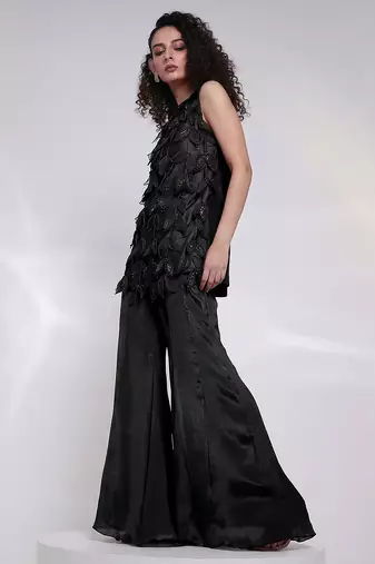 Black embroidered silk chinon co ord set