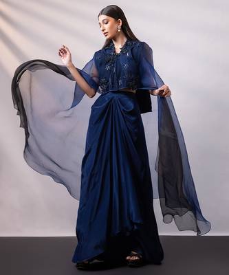 Navy blue embroidered chinon organza co ord set 2
