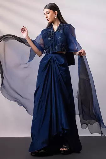 Navy blue embroidered chinon organza co ord set