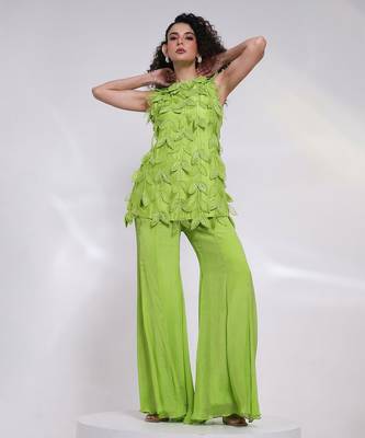 Lime green embroidered silk chinon co ord set 1