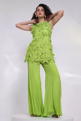Lime green embroidered silk chinon co ord set