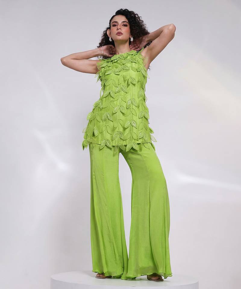 Lime green embroidered silk chinon co ord set