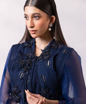 Navy blue embroidered chinon organza co ord set 3