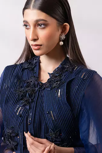 Navy blue embroidered chinon organza co ord set