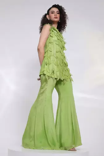 Lime green embroidered silk chinon co ord set