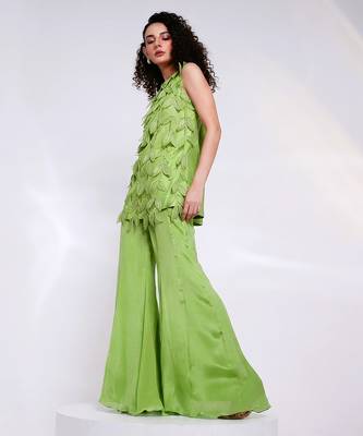 Lime green embroidered silk chinon co ord set 4