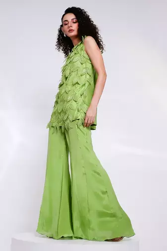 Lime green embroidered silk chinon co ord set