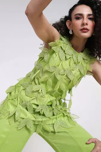 Lime green embroidered silk chinon co ord set