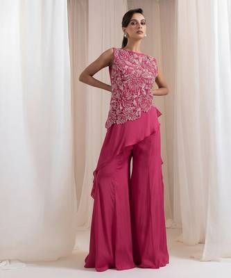 Magenta pink embroidered chinon co ord set 1