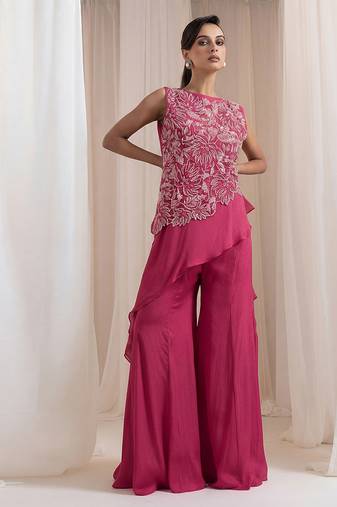 Magenta pink embroidered chinon co ord set