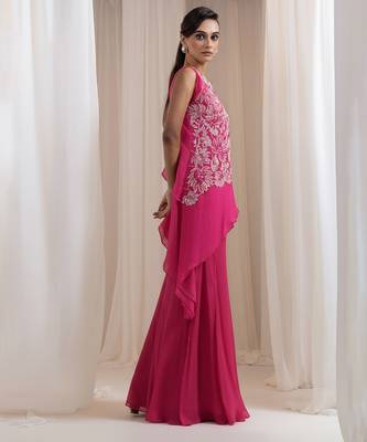 Magenta pink embroidered chinon co ord set 3
