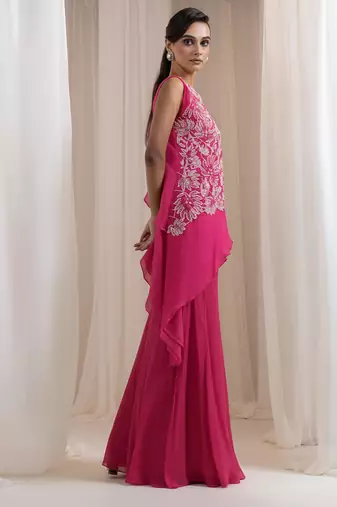 Magenta pink embroidered chinon co ord set