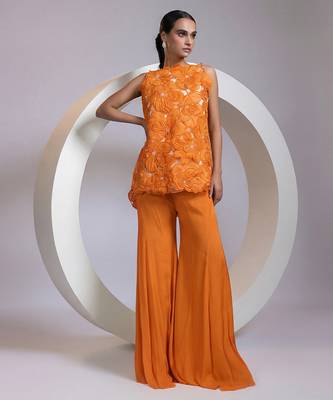 Tangerine orange embroidered crepe chinon co ord set 1