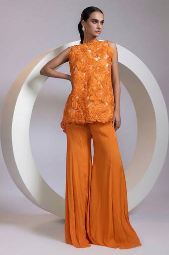 Tangerine orange embroidered crepe chinon co ord set