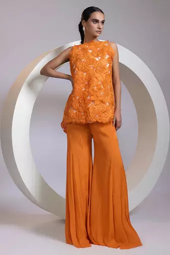 Tangerine orange embroidered crepe chinon co ord set