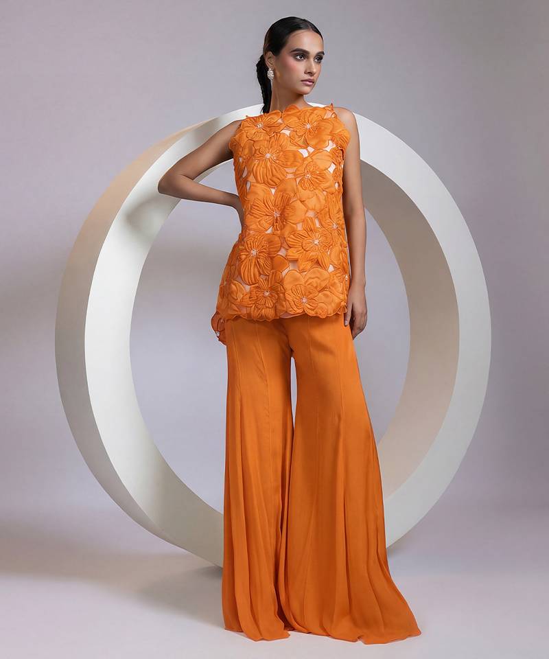 Tangerine orange embroidered crepe chinon co ord set