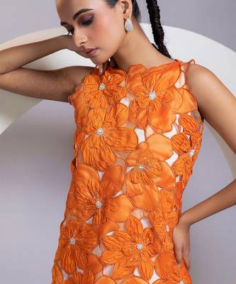 Tangerine orange embroidered crepe chinon co ord set 2