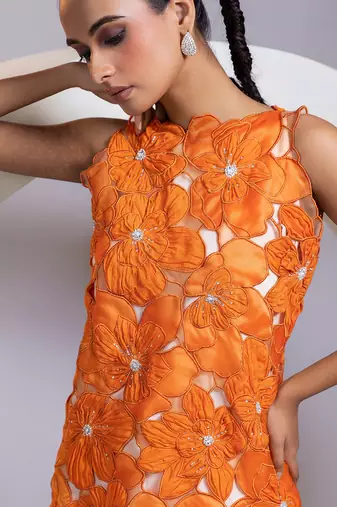 Tangerine orange embroidered crepe chinon co ord set