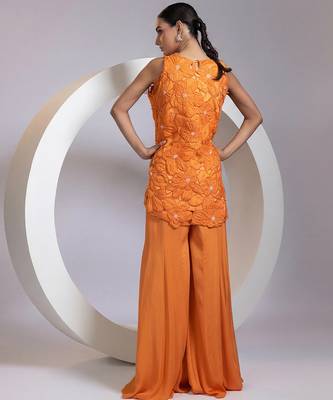 Tangerine orange embroidered crepe chinon co ord set 3