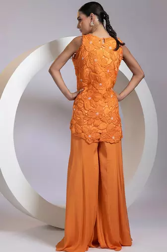 Tangerine orange embroidered crepe chinon co ord set