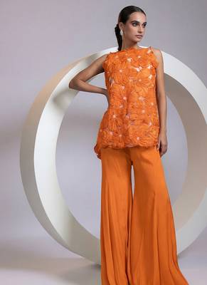 Tangerine orange embroidered crepe chinon co ord set 4
