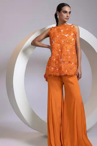Tangerine orange embroidered crepe chinon co ord set