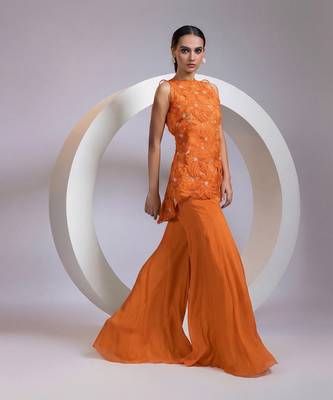 Tangerine orange embroidered crepe chinon co ord set 5