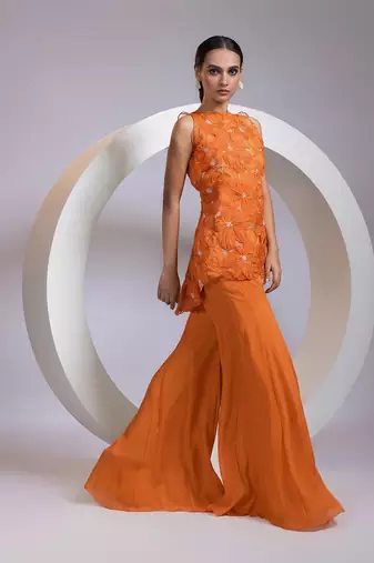 Tangerine orange embroidered crepe chinon co ord set