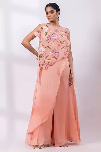 Powder rose pink embroidered chinon co ord set