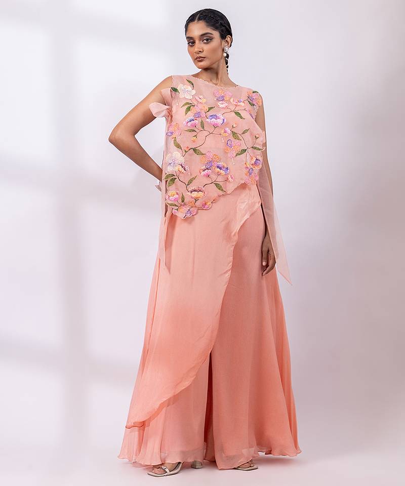 Powder rose pink embroidered chinon co ord set