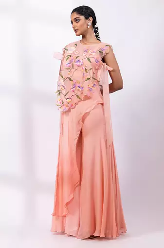 Powder rose pink embroidered chinon co ord set