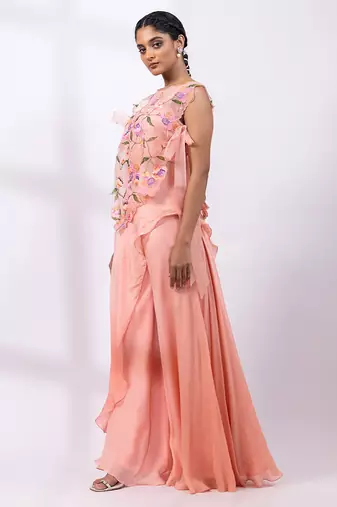 Powder rose pink embroidered chinon co ord set