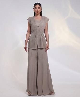 Taupe beige embroidered chinon silk co ord set 1