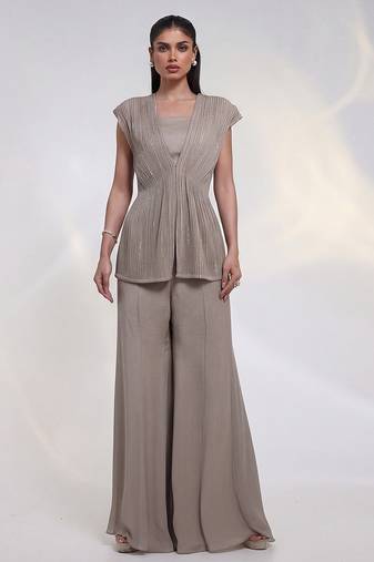 Taupe beige embroidered chinon silk co ord set