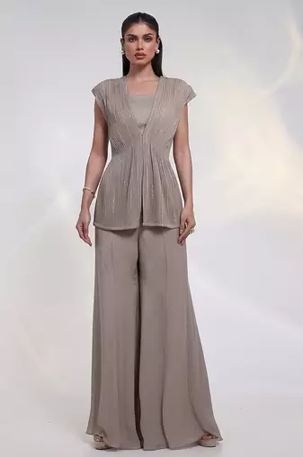 Taupe beige embroidered chinon silk co ord set