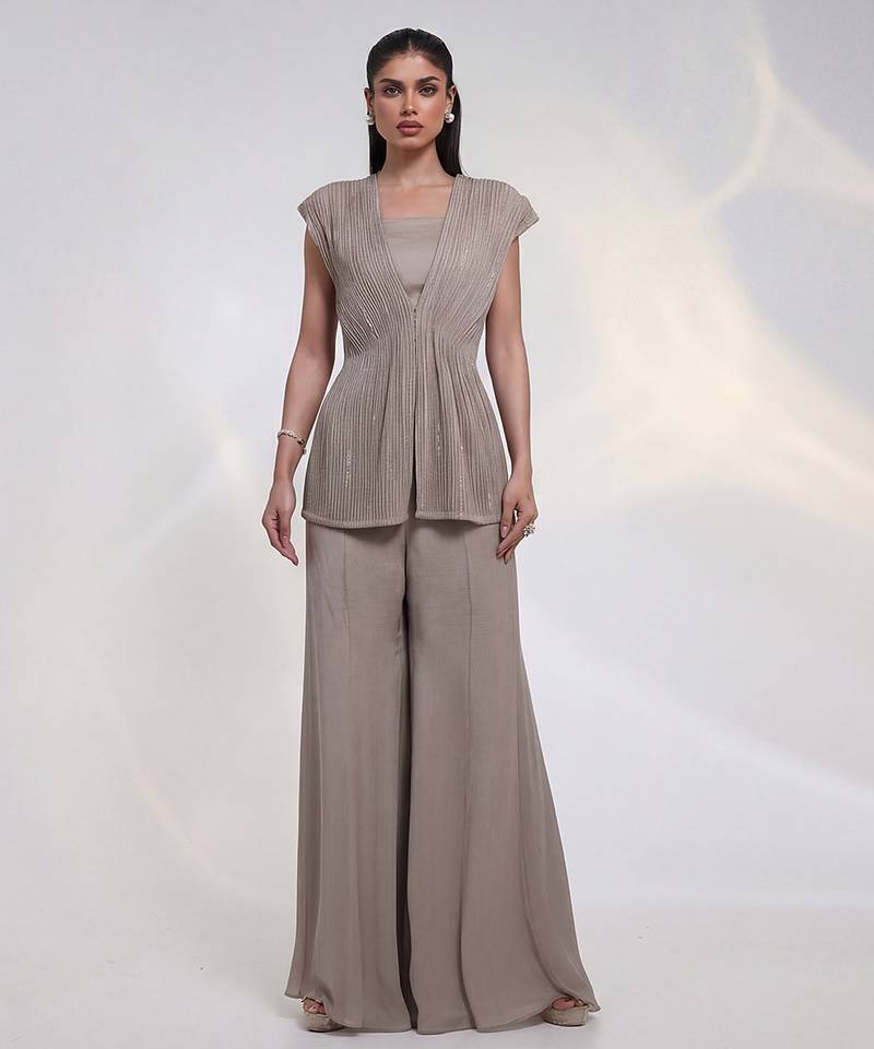 Taupe beige embroidered chinon silk co ord set