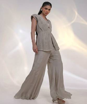 Taupe beige embroidered chinon silk co ord set 2
