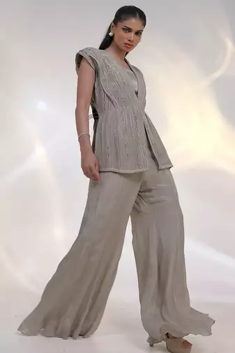 Taupe beige embroidered chinon silk co ord set