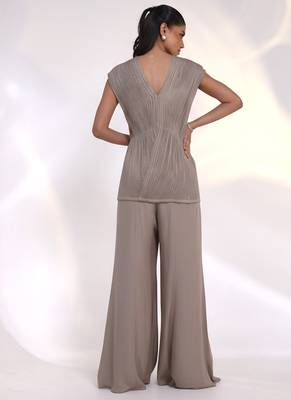 Taupe beige embroidered chinon silk co ord set 3