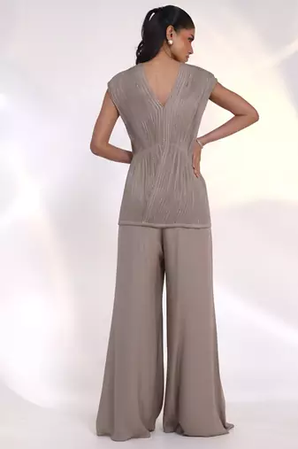 Taupe beige embroidered chinon silk co ord set