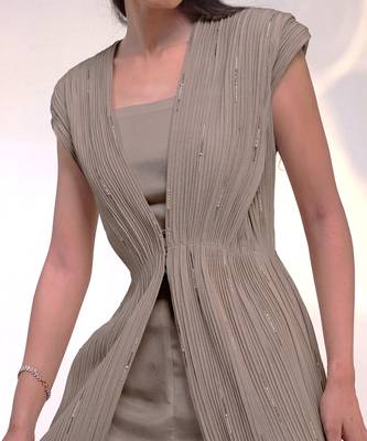 Taupe beige embroidered chinon silk co ord set 4