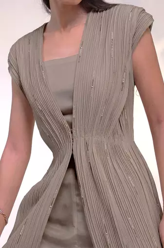 Taupe beige embroidered chinon silk co ord set