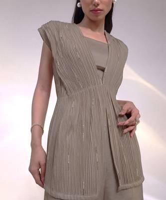 Taupe beige embroidered chinon silk co ord set 5