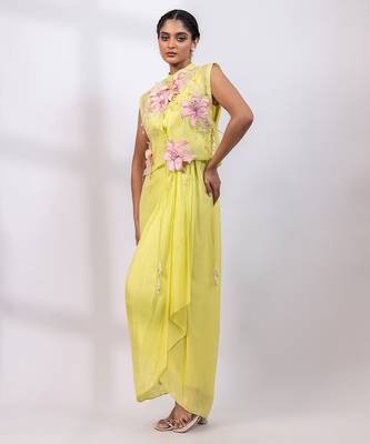 Lemon yellow embroidered chinon organza co ord set 1