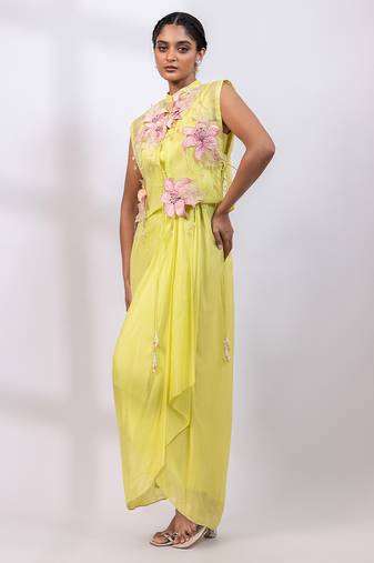 Lemon yellow embroidered chinon organza co ord set
