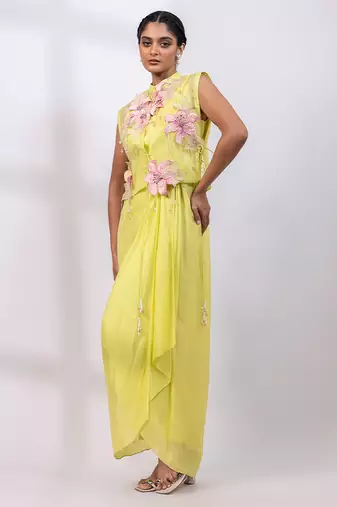 Lemon yellow embroidered chinon organza co ord set